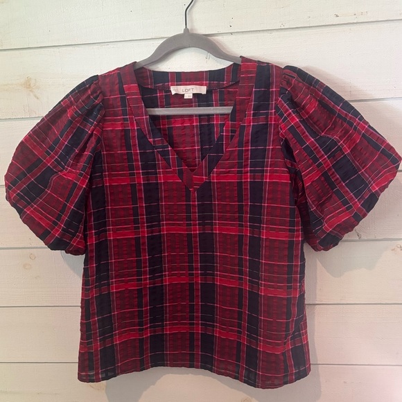 LOFT Red and Blue Flutter Sleeve Blouse - Picture 7 of 13